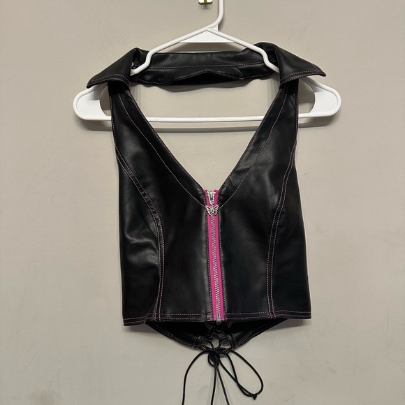 dELiA*s/Dolls Kill Black Leather Zip Front/ Corset Back Top w Pink Stitching S - Picture 8 of 9